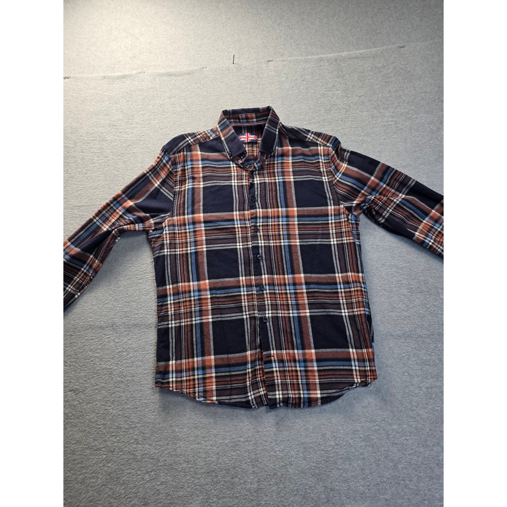 Soul of London Mens Plaid Flannel Button Down‎ Shirt Navy Orange Size 15.5 M